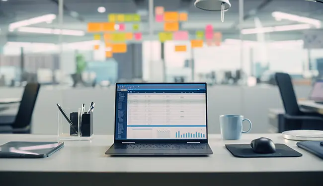 An open laptop sitting on a desk.